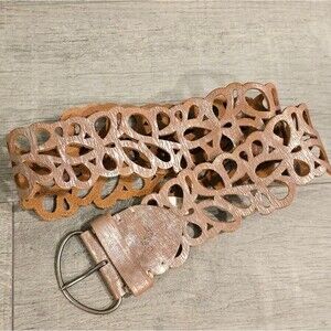 Abercrombie & Fitch Y2K Silver Distressed Tan Cutout Wide Belt M/L